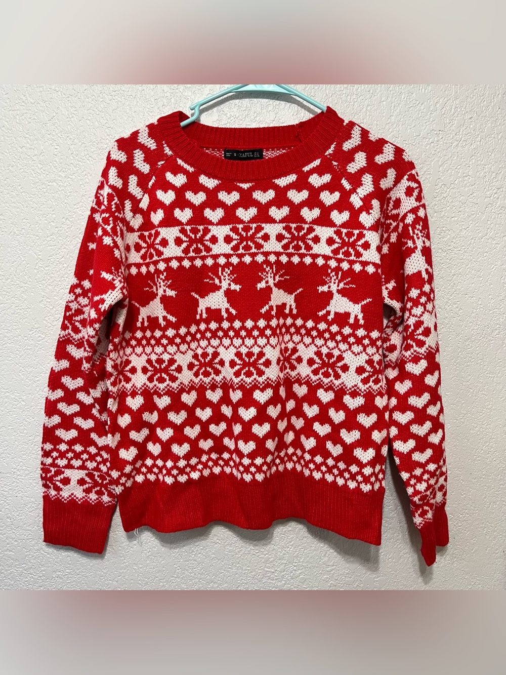 Zaful Red White Reindeer Heart Fair Isle Christmas Holiday Knit Sweater sz Small